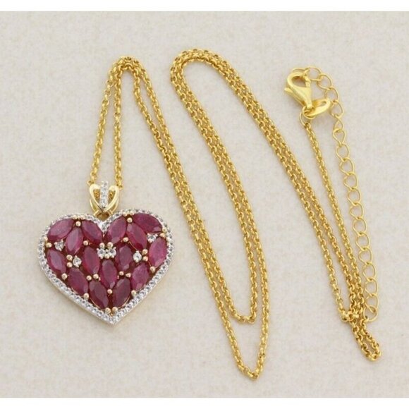 Gold Over Sterling Silver Simulated Ruby & White Topaz Heart Necklace 20" to 22" - Picture 3 of 7